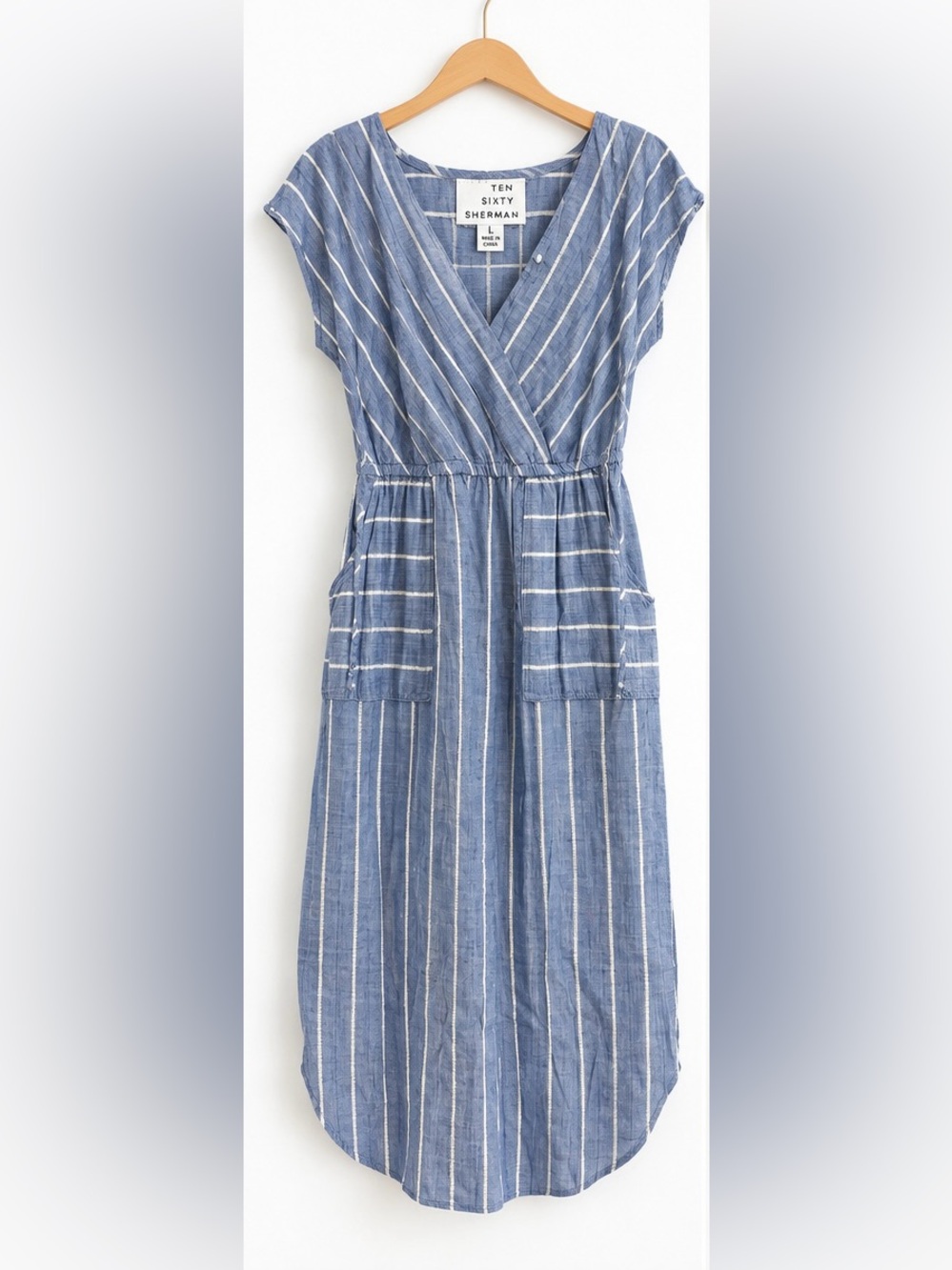 Ten Sixty Sherman Blue and White Striped Wrap Midi Dress